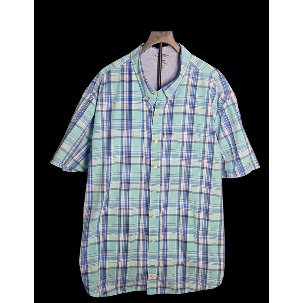 IZOD Saltwater Men 3XL Shirt Blue Plaid Button-Down Short Sleeve 100% Cotton